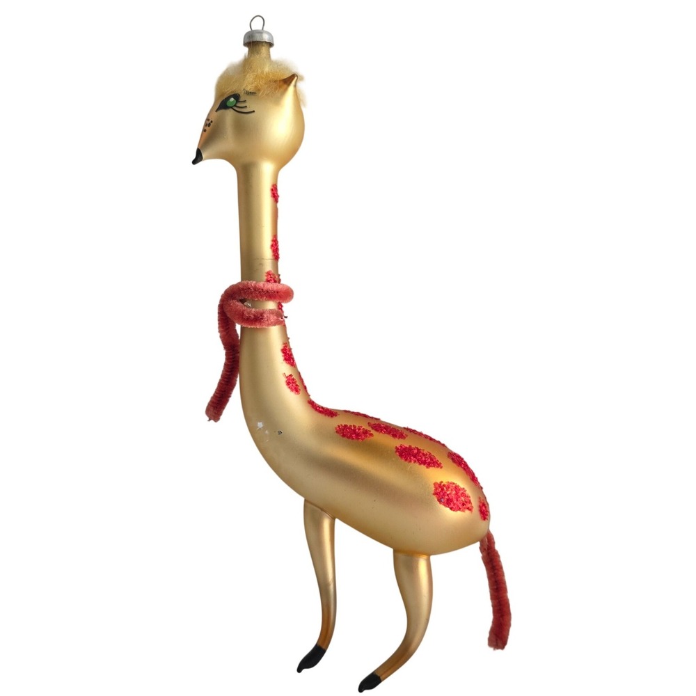 Vintage De Carlini Giraffe 7" Hand Blown Glass Christmas Ornament Italy Gold Red